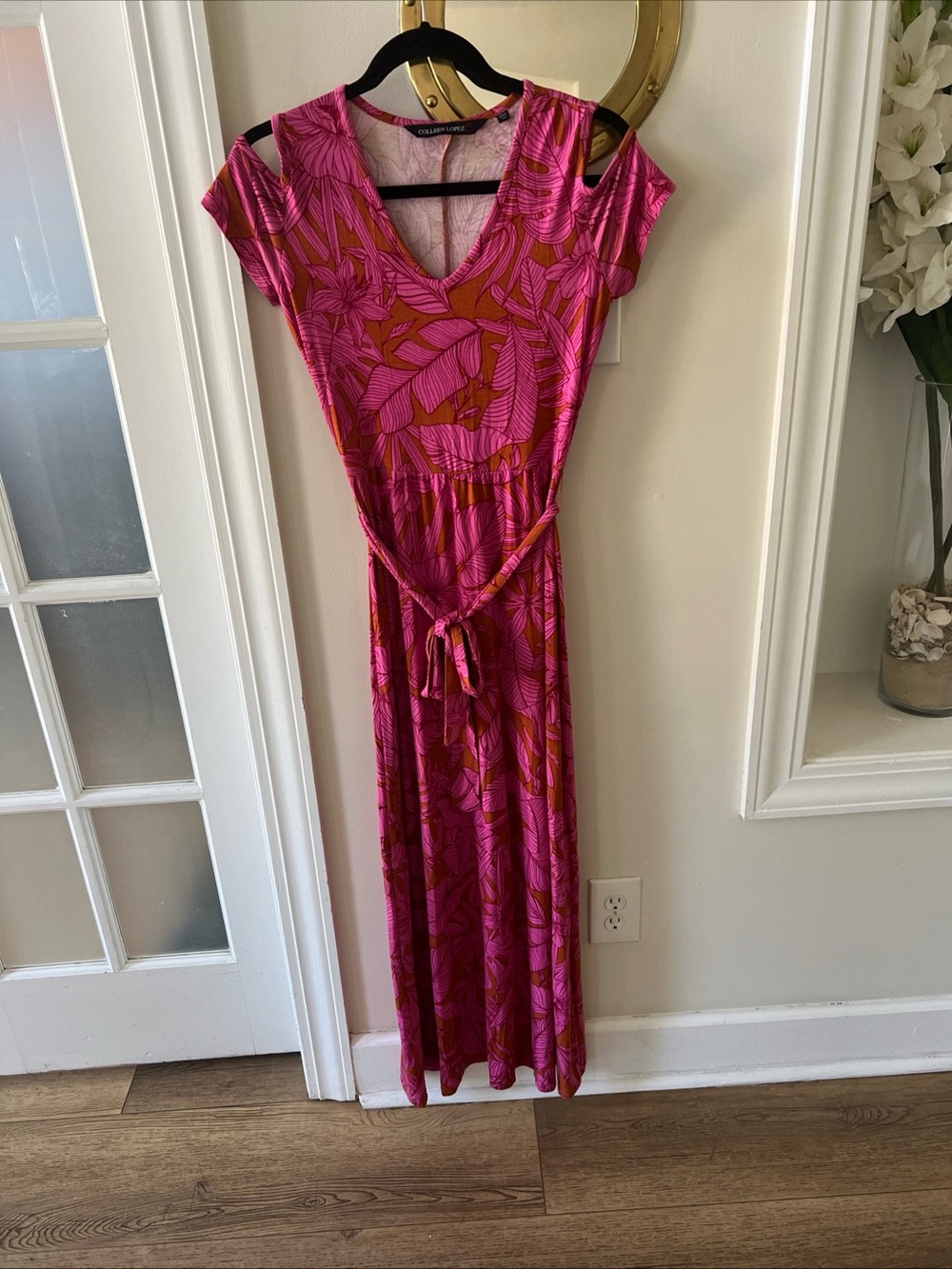 Colleen Lopez Pink and Brown Leaf-Print Cold-Shoulder Maxi Dress